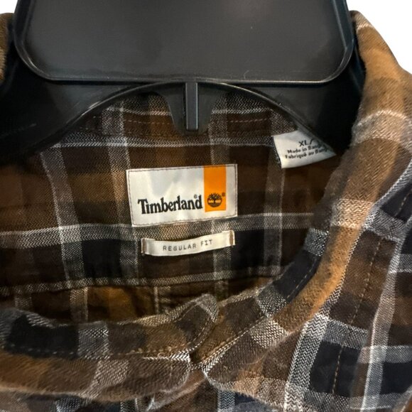 Timberland Brown Plaid Flannel Button Up Shirt XL Regular Fit Long Sleeve - Picture 2 of 8